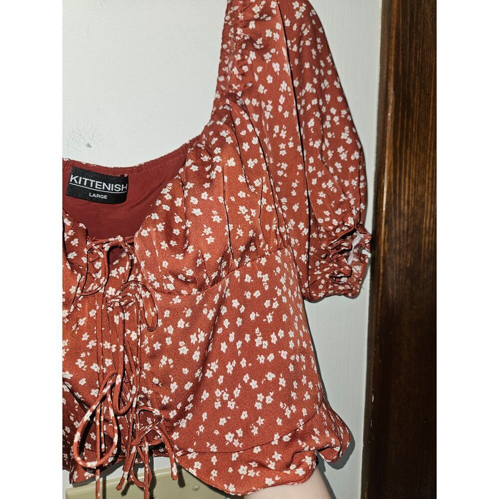 Floral Cropped Red Lace-up Off the Shoulder Puff Sleeves Womens Top Size Large - Picture 4 of 8